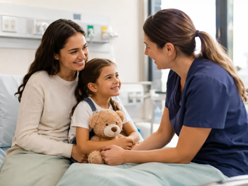 Enfermera pediátrica atendiendo a un niño y su familia