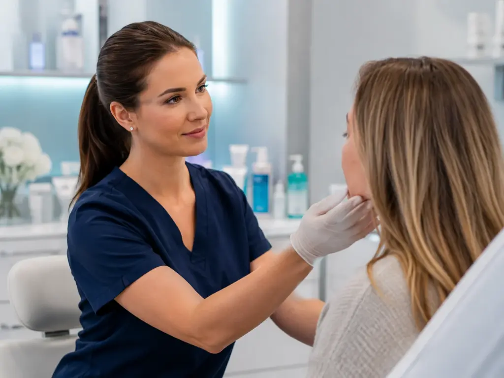 enfermera-dermoestetica-paciente Enfermera realizando tratamiento dermoestético facial